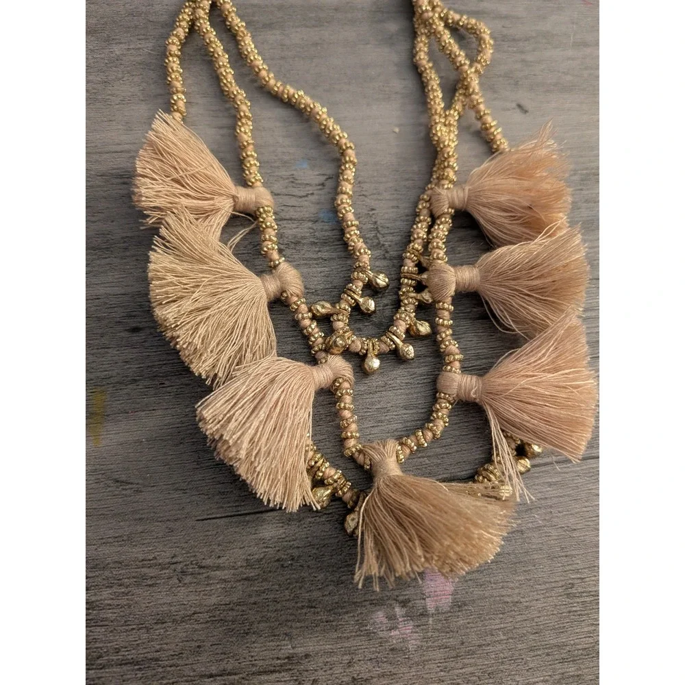 Boho Gold Tone Beaded Multi Strand Tassel Statement Necklace Tan Beige Fringe
